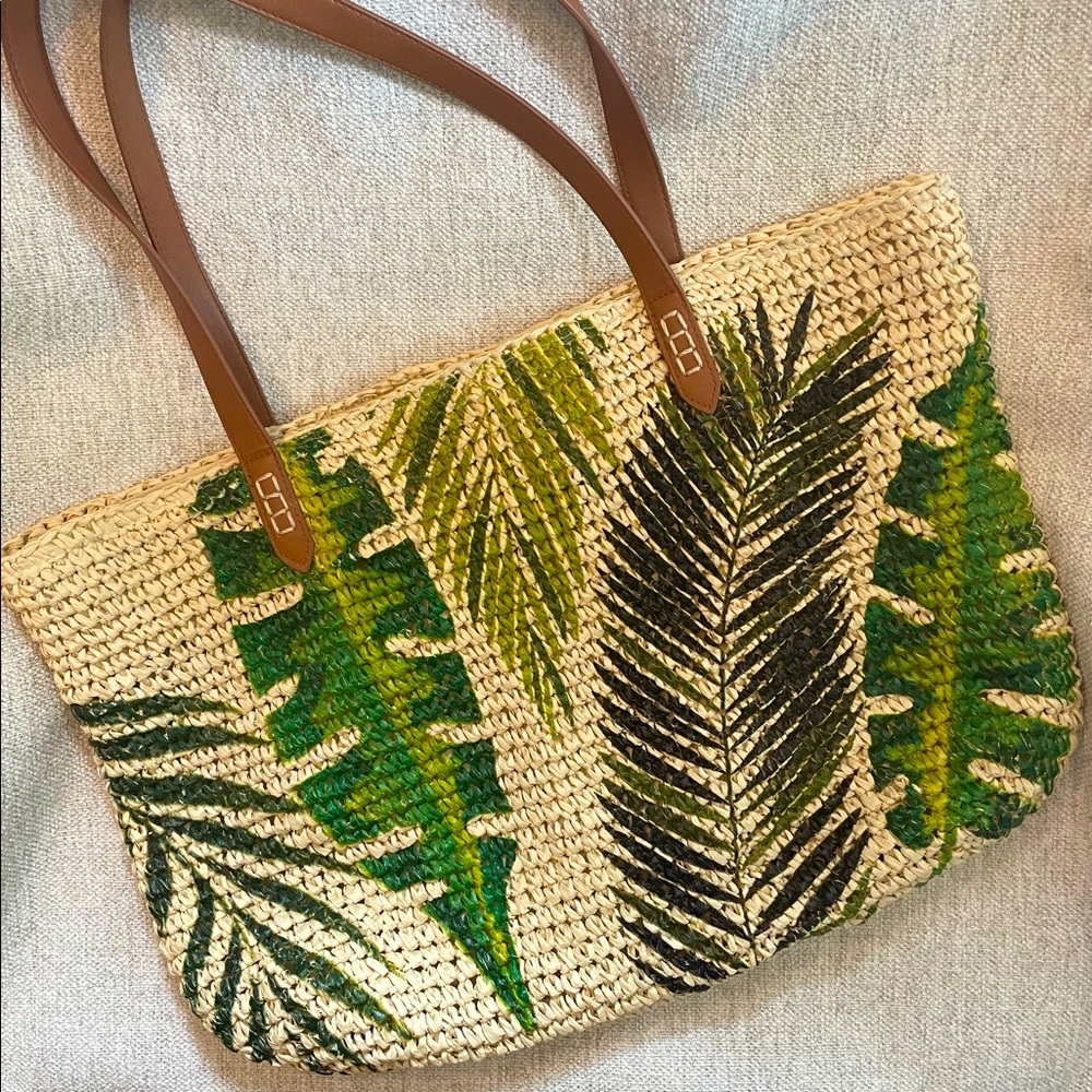 INC Macy's Palm print large woven straw raffia summer beach bag fully lined